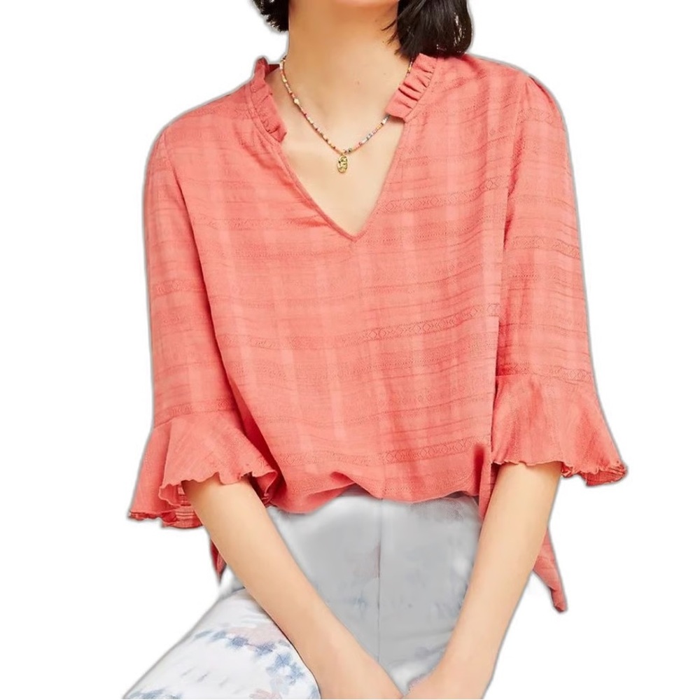 Anthropologie Dolan Left Coast Tandy Ruffle VNeck Top 3/4 Flutter Sleeve Coral S